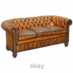 1900's Hand Dyed Whisky Brown Leather Feather Cushions Chesterfield Club Sofa