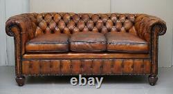 1900's Hand Dyed Whisky Brown Leather Feather Cushions Chesterfield Club Sofa