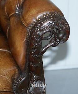 19th Century Hand Carved Hawk Claw & Ball Feet Chesterfield Sofa Brown Leather
