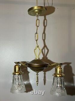 Antique Brass pendant Two light Fixture Shades Rewired 57C