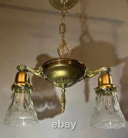 Antique Brass pendant Two light Fixture Shades Rewired 57C