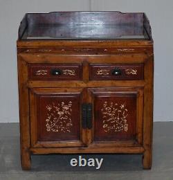 Antique Chinese Export Circa 1900 Redwood Lacquered Inlaid Wash Stand Sideboard