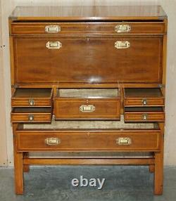 Harrods Kennedy Burr Yew Wood Green Leather Secrataire Desk Chest Of Drawers