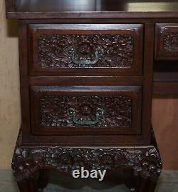 Heavily Carved Floral Decorated Indian Rosewood Dressing Table & Mirror