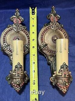 Nice Pair Polychrome Vintage Antique Wall Sconce Fixtures Rewired 142F