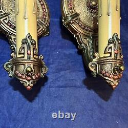 Nice Pair Polychrome Vintage Antique Wall Sconce Fixtures Rewired 142F
