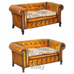Pair Of Restored Victorian Gentleman Club Chesterfield Leather Sofas Kilim Seats