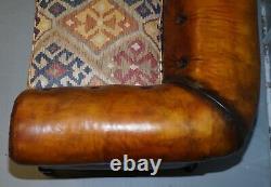 Pair Of Restored Victorian Gentleman Club Chesterfield Leather Sofas Kilim Seats