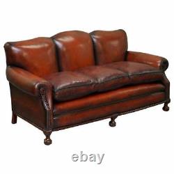 Restored Victorian Hand Dyed Brown Leather Sofa Claw & Ball Feet Feather Cushion